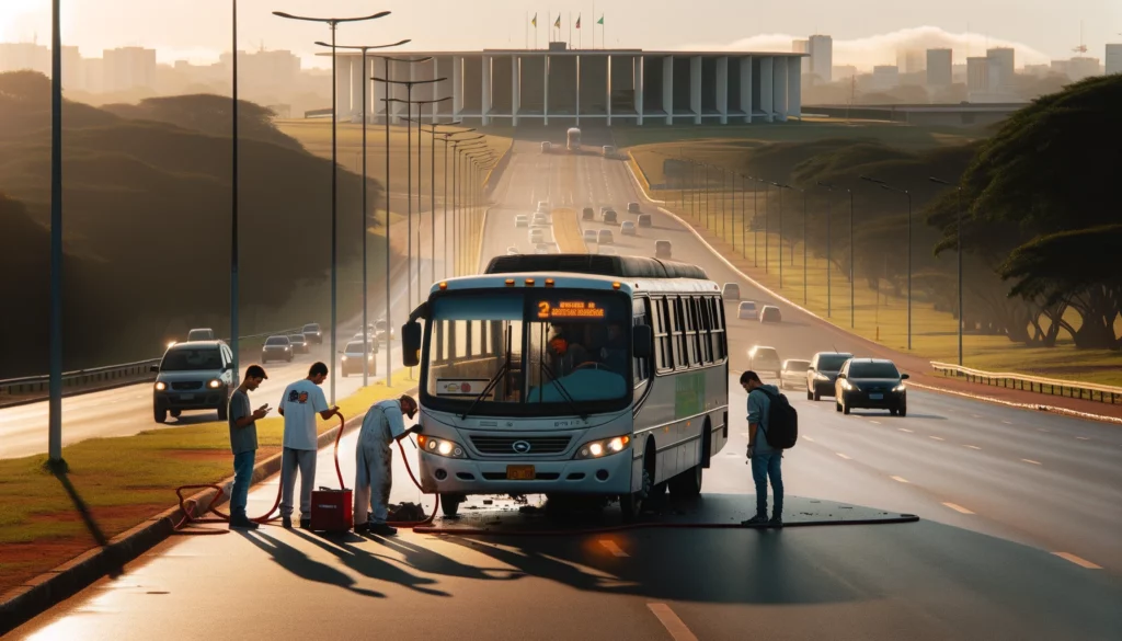 DALL·E 2024 05 25 16.08.37 A bus is broken down on the road in Brasilia DF at 7 AM. The bus is full of passengers who are on their way to work. The scene shows the bus stopped o