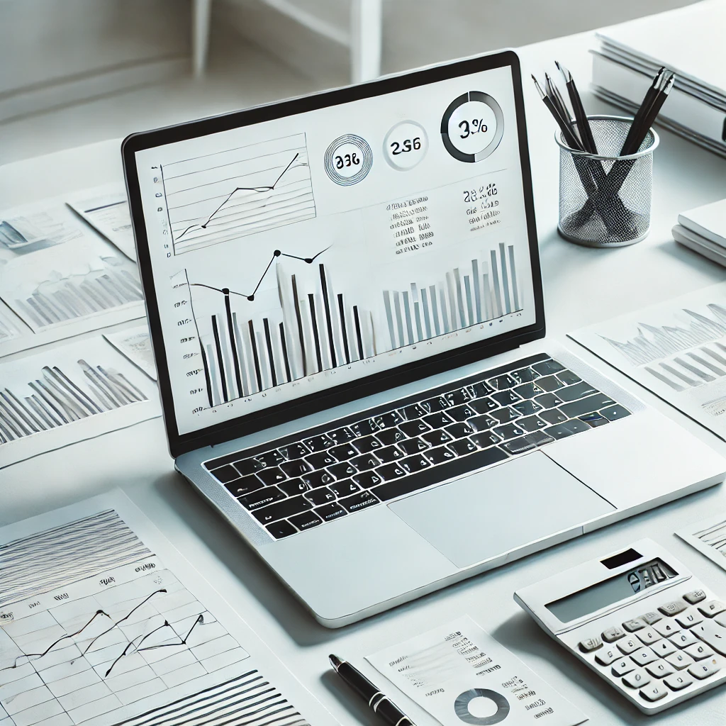 DALL·E 2024 10 10 13.07.32 A clean and minimalistic representation of a companys accounting process. The image shows a modern desk with a laptop displaying simplified graphs an